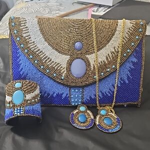 Beaded Blue and Gold Clutch With Matching Earring and Cuff